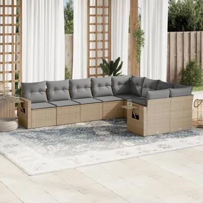 Produktbild von Design 9-tlg. Garten-Sofagarnitur mit Kissen Beige Poly Rattan, Gartenmöbel-Sets 2024 Neu