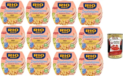 Produktbild von Rio Mare Insalatissime di tonno Gusto Ceci, ready to eat Tuna salad, Thunfischsalat mit Kichererbsen, Zucchini und Karotten, Fertiggerichte 12x 160g + Italian Gourmet polpa 400g