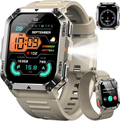 IOWODO Militär Smartwatch Herren 2,01'' HD Display mit LED Taschenlampe, Kompass, Bluetooth Anrufe, 900mAh,100+ Sportmodi,IP68,24/7 Gesundheitsmonitor