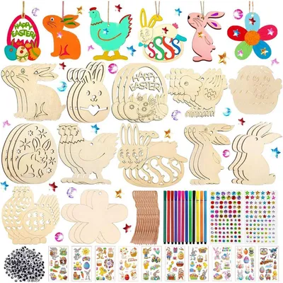 Productafbeelding van Paasdecoratieset voor kinderen, 324 onderdelen, houten hangers om te beschilderen, met accessoires