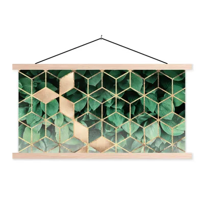 Produktbild von MuchoWow® Textilposter Blätter - Gold - Würfel - Luxus 60x30 cm mit holzfarbenen Rahmen - Dekoration
