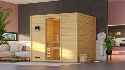 Produktbild von Karibu Sauna Innensauna Sonara Fronteinstieg ohne Zubehör 231x195x200 cm ohne Dachkranz mit Klarglastür