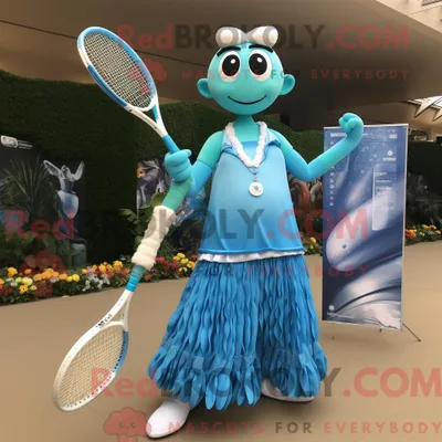 Image de Personnage mascotte REDBROKOLY d une raquette de tennis cyan habillée d une robe longue et de colliers