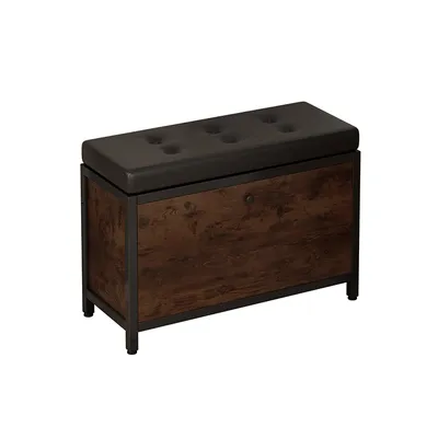 A storage bench with a dark brown tufted seat and a wood-grain body with a metal frame.