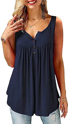Produktbild von ASKSA Damen Tank Top Ärmellose V-Ausschnitt T-Shirt Knopfleiste Solide Tunika Bluse, Dunkelblau, XXL