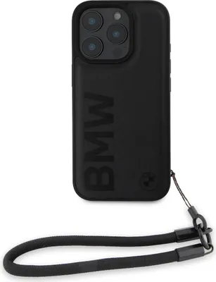 Produktbild von BMW, Schutzhülle für iPhone 16 Pro Leather Signature with Strap, Schwarz