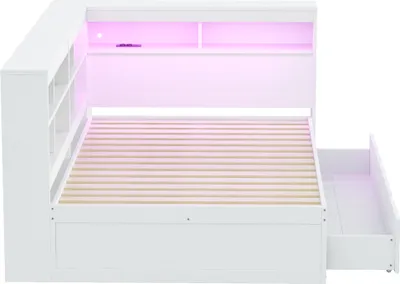 Produktbild von MODFU Schlafsofa Tagesbett 140x200cm mit extra großen Schubladen und Lattenrost, Holzbett Daybett mit USB-Steckdose und LED-Lichtleiste, Jugendbett mit Einlegeböden und Ablagefächern, Weiß(Ohne Matratze)