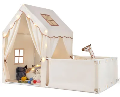 Productafbeelding van COSTWAY 2-in-1 kindertent met looprek, binnenspeelhuis met mat en lichtketting, grote kindertent, speelruimte, 177 x 97 x 136 cm