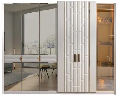 Image de Ensemble de chambre à coucher gris et blanc : lit rembourré, 2 tables de chevet, armoire