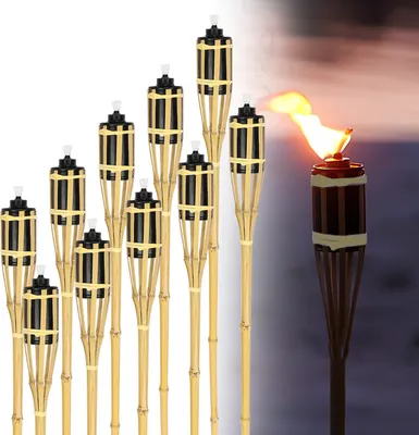 Image de Aopunly 24x flambeaux de jardin Set lampes flambeau mèche 90cm bambou flambeau huile pour l'extérieur huile de lampe pour flambeau flammes feu fête déco