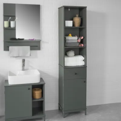 Produktbild von SoBuy BZR22-DG Badezimmer Hochschrank Badschrank Badkommode Badregal Badezimmerschrank mit 3 offenen Fächern, 1 Schublade und 1 Tür