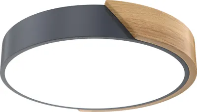 A round, modern LED ceiling light with a gray metal frame and a section of wood-effect trim.