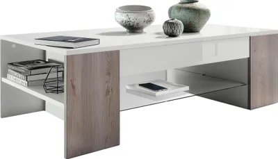 Produktbild von Vladon Couchtisch Clip,  Germany, Wohnzimmertisch mit 2 Seitenfächern und 1 Glasplatte, Weiß matt/ Eiche Nordic (118 x 37 x 60 cm)