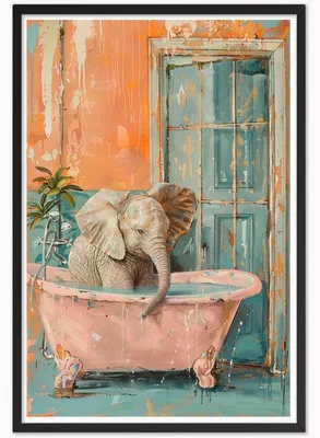 Productafbeelding van Olifant Bad Poster - Grappige Kunst - Kamer Decoratie - Uniek Ontwerp - 12x16 inch - Roze