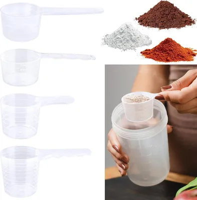 Zdjęcie produktu dla Miarki do proszków i płynów – 4 sztuki – tworzywo sztuczne – 100 ml, 70 ml, 50 ml, 40 ml