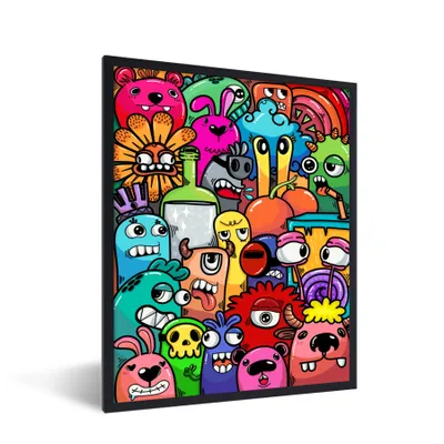 Produktbild von MuchoWow® Gerahmtes Poster Design - Regenbogen - Tiere - Monster - Lustig - Kind 60x80 cm - Poster mit Schwarzem Bilderrahmen Wandposter Rahmen Foto Bilder - Premium - Wanddeko Wohnzimmer