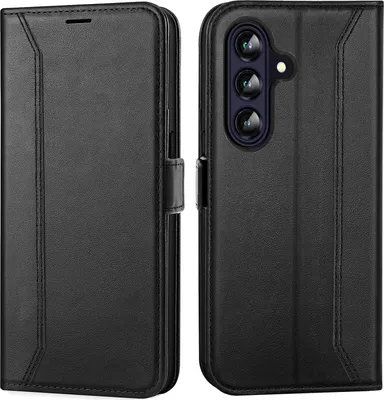A black flip case for a Samsung Galaxy A26 5G phone is shown from the front and back.