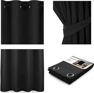 A collage of four images showing a black blackout curtain.