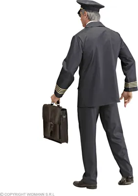 A person wearing a pilot costume, seen from the back, holding a briefcase.