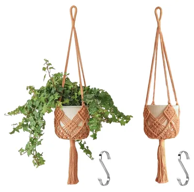 Immagine prodotto di Fioriera macramè portavaso - Set da 2 - 90 cm - Cotone - Caramello - Fino a Ø 20 cm