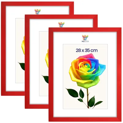 Obrázek produktu pro MG Design, sada 3 kusů rámečků na obrázky, rozměr 28 x 35 cm – fotorámečky s červeným rámem z masivního dřeva a odolným akrylovým sklem, vhodné k zavěšení i k postavení