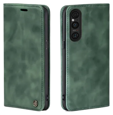 A green flip cover case for a Sony Xperia 1 V phone, shown from two angles.