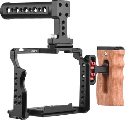 Obrázek produktu pro Andoer Camera Video Cage + Top Handle + Side Wooden Grip Kit Aluminium Alloy with Dual Cold Shoe Mounts Numerous 1/4 inch Thread Replacement for Sony A7IV/ A7III/ A7II/ A7R III/ A7R II/ A7S II