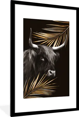 Produktbild von MuchoWow® MuchoWow® Gerahmtes Poster Schottisches Hochlandrind - Blätter - Schwarz 60x90 cm - Poster mit zchwarzem Bilderrahmen - Dekoration - Wandposter Wohnzimmer - Hochwertig