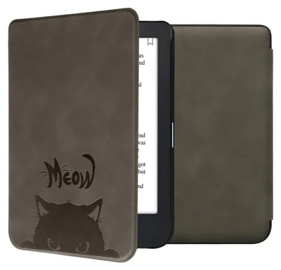 Produktbild von kwmobile Schutzhülle für Kobo Clara 2E / Tolino Shine 4 Hülle - eReader Case aus Kunstleder mit Auto Sleep Funktion - Katze Meow mit Grau Schwarz