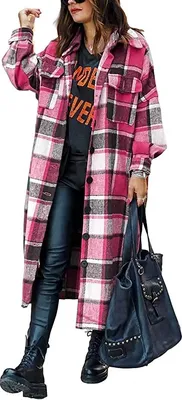 Produktbild von ASKSA Damen Kariertes Lange Hemdjacke Taschen Knöpfen Langarm Holzfällerjacke Mantel, A Rosenrot, 2XL