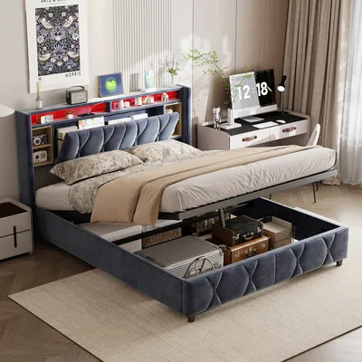 A bedroom scene featuring a bed with storage, a desk with a computer, and a poster on the wall.