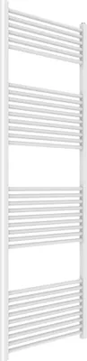 A white towel radiator with multiple horizontal bars, shown from a slightly angled perspective against a white background.