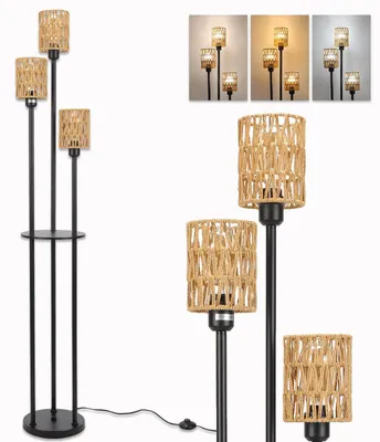 Stehlampe mit Ablage, 3 Lampen, Rotan, Fußschalter, Schwarz, E27