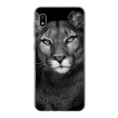 Produktbild von MuchoWow® Handyhülle Schutzhülle Hülle für Samsung Galaxy A10 Porträtfoto eines Pumas auf schwarzem Hintergrund Silikon Softcase Handy Hülle - Schutzhülle