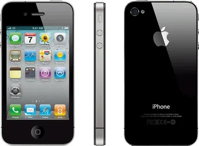 A product shot of an iPhone 4, showing the front, side, and back.