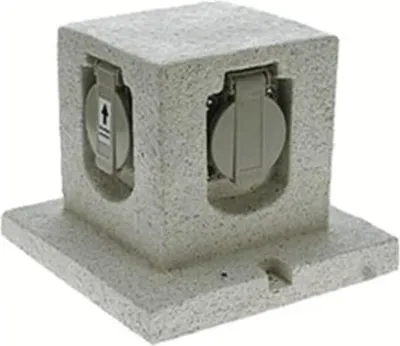 A granite-colored outdoor electrical outlet box with two covered outlets.