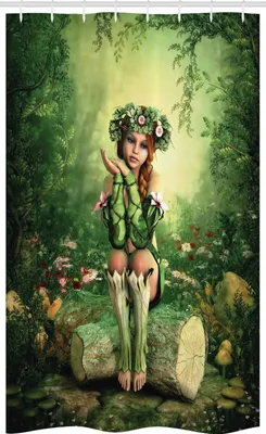 Image de ABAKUHAUS Fée Rideau de douche étroit, elfe fille avec couronne arbre, set de décoration de salle de bain en tissu avec crochets, 120 x 180 cm, beige vert et rose