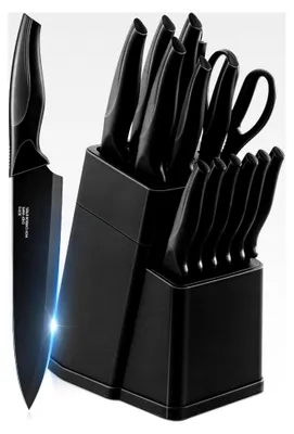 Produktbild von Messerblock mit 15-teiligem Edelstahl-Messerset, Scharfes Küchenmesser Set mit Wetzstahl, Schere und Steakmessern, Profi Kochmesser für Schneiden, Hacken und Zerkleinern, Schwarz