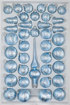 Produktbild von 39 tlg. Glas-Weihnachtskugeln Set in Ice Blau Silber Komet