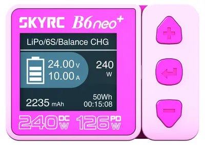 Zdjęcie produktu dla Inteligentna ładowarka 240W, 10A, kompatybilna z protokołem PD, o mocy wyjściowej 126W, przeznaczona do ładowania akumulatorów do modeli RC. Obsługuje akumulatory LiPo, LiFe, Li-Ion, LiHV (1-6 ogniw), NiMH, NiCd (2-15 ogniw) oraz akumulatory ołowiowe (3S/6S/12S). Kolor: fioletowy