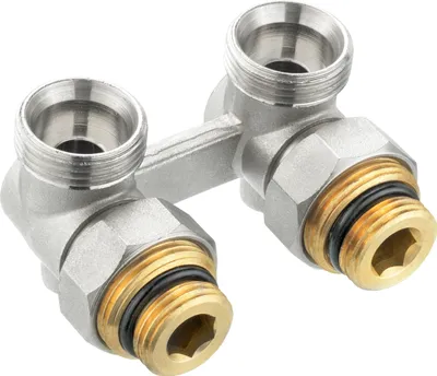 Produktbild von Hahnblock für Ventil-Heizkörper, selbstdichtend, absperrbar, 1/2 Zoll x 3/4 Zoll AG, Eckform