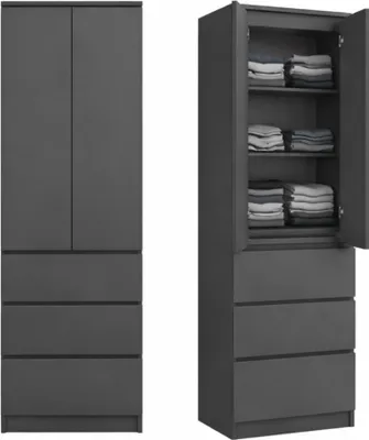 Produktbild von Home Collective Kleiderschrank, Garderobenschrank, Mehrzweckschrank 2-türig mit 3 Einlegeböden & 3 Schubladen | Schrank für Schlafzimmer, Flur oder Büro | Anthrazit