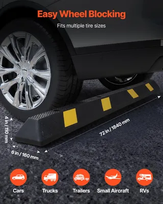Image de SucceBuy Parkstopper Butoir de roue 1 pc. 184 x 16 x 11 cm Aide au stationnement avec bandes réfléchissantes, barrière de parking en caoutchouc pour voitures, camionnettes et camions, bloc de guidage de roue, délimitation de parking