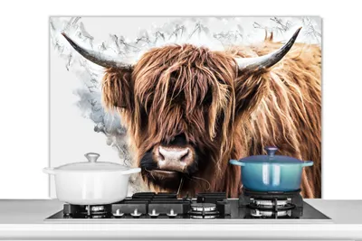 Produktbild von KitchenYeah®  Spritzschutz Küche - Küchenrückwand - Wandschutz für Herd und Spüle - Schottisches Hochlandrind - Kuh - Weiß 100x65 - Alu-Dibond (Alternative zum Spritzschutz aus Glas) - Hitzebeständig