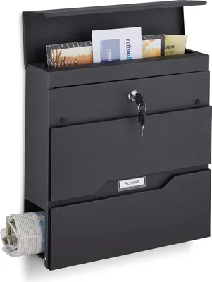 Produktbild von Relaxdays Briefkasten mit Zeitungsfach & Namensschild, HBT 37 x 37 x 11 cm, 2 Schlüssel, moderner Postkasten, schwarz
