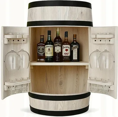 A wooden barrel-shaped bar cabinet is open, displaying bottles of alcohol, wine glasses, and shot glasses.