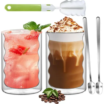 Image de Lot de 2 verres à double paroi de 350 ml avec cuillère, en verre borosilicaté, pour café et thé