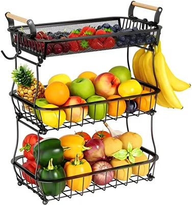 Produktbild von PolkaHome® Obstkorb mit 3 Ebenen und 2 Bananenhaken – Große Metall-Fruchtschale für Küchentheke, Schwarz