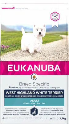 Zdjęcie produktu dla Eukanuba BREED SPECIFIC, Dorosły, West Highland White Terrier, Średnie (11 - 25 kg), Kurczak, Indyk, 2,5 kg