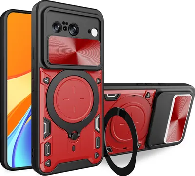 Produktbild von Handyhülle für Google Pixel 8 Dual-Layer Stoßfest Rüstung Hülle mit Dia Kameraschutz und Kreisförmig Ring Ständer Rot